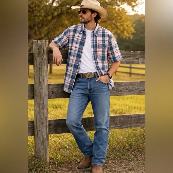 Chaps Men’s Multicolor Blue Plaid Short Sleeve Button-Down Shirt big tall - Picture 1 of 7